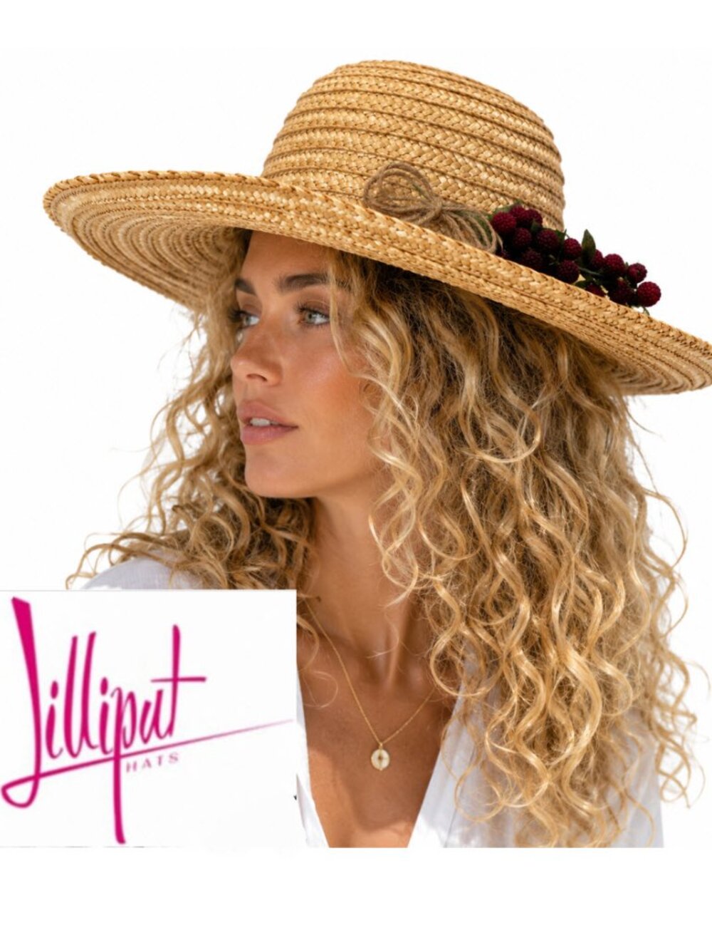 Lilliput Straw Sun Hat Berry Trim Wide Brim Natural Summer Hat 22"
